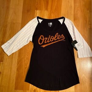 New Era Baltimore Orioles Black 3/4 Length Orange and White Pinstripe Sleeve NWT